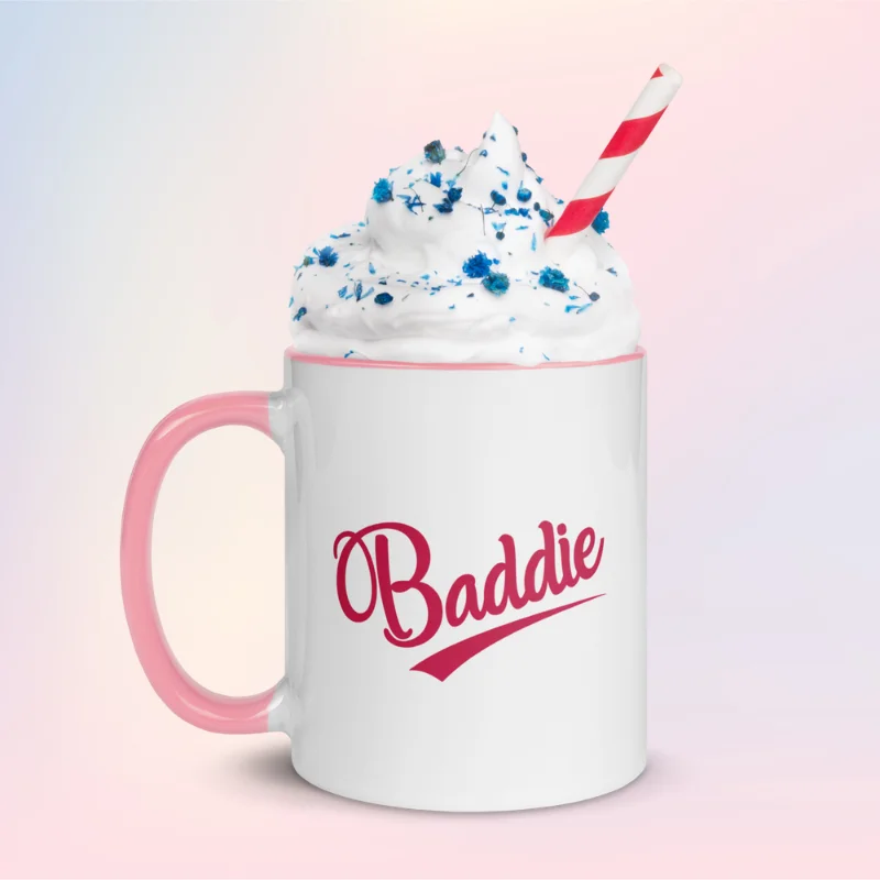 White ceramic mug with pink accents and bold pink "Baddie" lettering – dishwasher and microwave safe